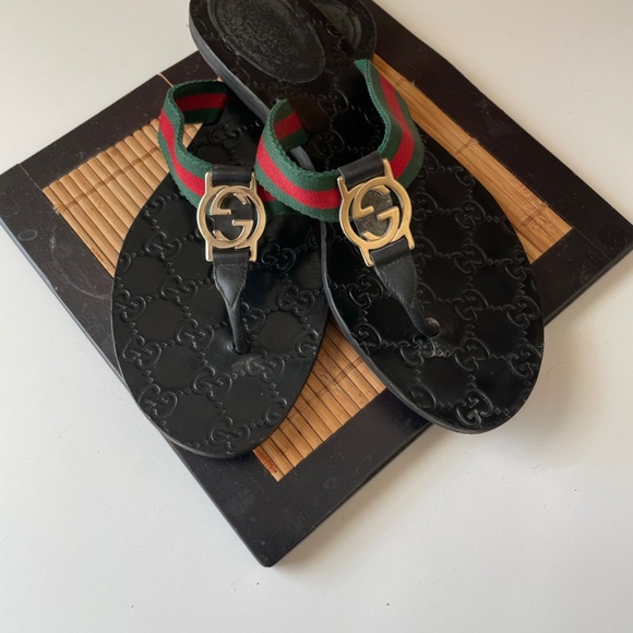 Gucci GG Black Web Thong Guccissima Sandals Logo Monogram Flip Flop Size 7  0059 - Picture 2 of 5